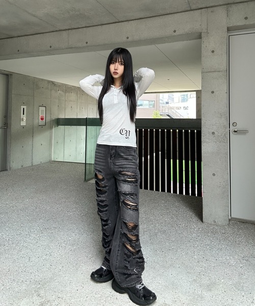 KsG（ケーエスジー）の「multi damage wide denim（デニムパンツ・レディース・ブラック・MEDIUM/LARGE/SMALL）」の6枚目の写真