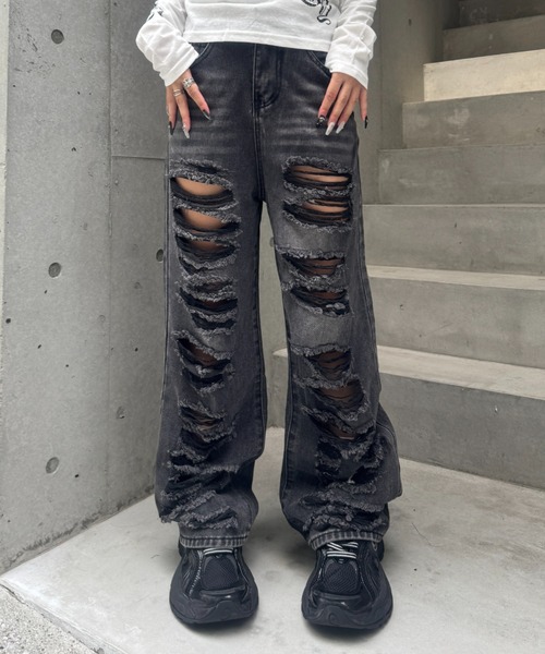 KsG（ケーエスジー）の「multi damage wide denim（デニムパンツ・レディース・ブラック・MEDIUM/LARGE/SMALL）」の12枚目の写真