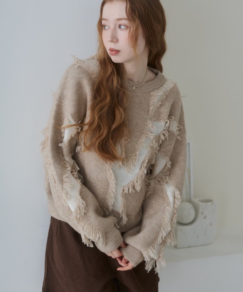 Bab(バブ)の「シャギージャガードニットトップス(ニット/セーター・レディース・ベージュ/ライトグリーン/アイボリー/グレー・FREE)」の1枚目の写真