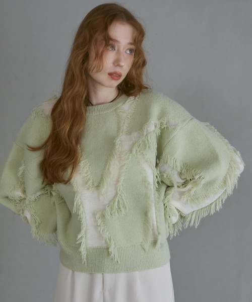 Bab(バブ)の「シャギージャガードニットトップス(ニット/セーター・レディース・ベージュ/ライトグリーン/アイボリー/グレー・FREE)」の4枚目の写真