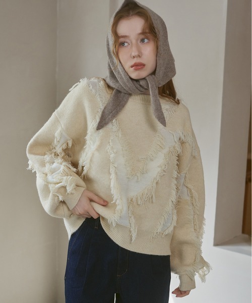 Bab(バブ)の「シャギージャガードニットトップス(ニット/セーター・レディース・ベージュ/ライトグリーン/アイボリー/グレー・FREE)」の2枚目の写真