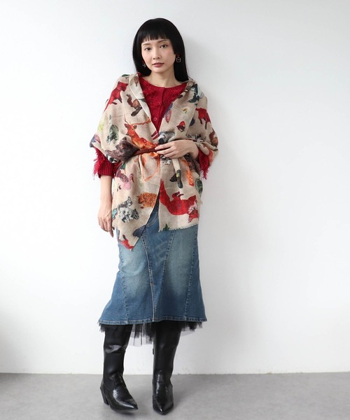 Three Four Time（ｽﾘｰﾌｫｰﾀｲﾑ）の「ウールシルクアニマルショール（ストール/ショール・レディース・ベージュ/ネイビー・FREE）」の5枚目の写真