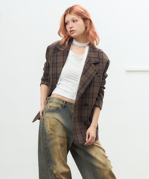 セール】ウールミックスチェックオーバーダブルジャケット（テーラード