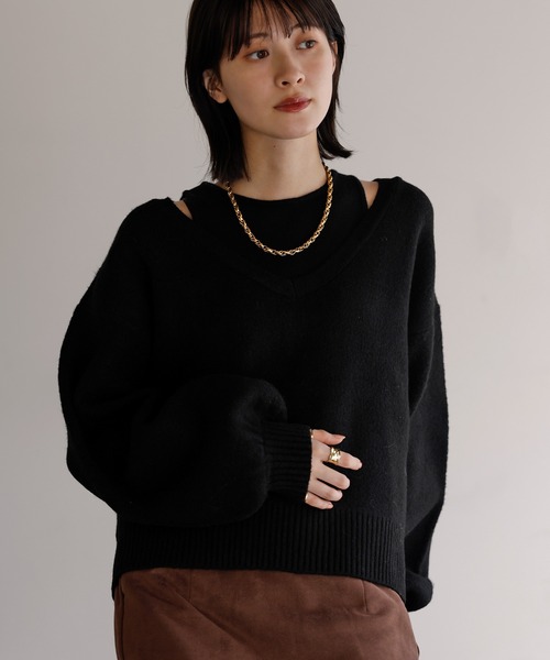 shetila(シェティラ)の「【2点セット】大人のレイヤードニット Vネックニット×タンクトップ(ニット/セーター・レディース・チャコール/ブラウン/グレイッシュベージュ/ブラック・M)」の2枚目の写真