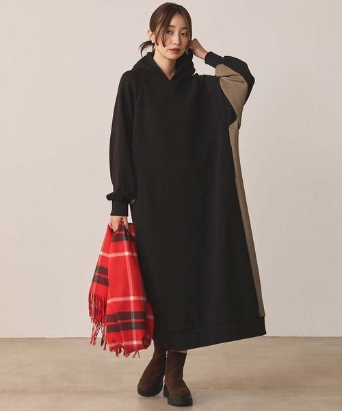 Gready Brilliant（グレディブリリアン）の「裏起毛バイカラーフーディ（ワンピース・レディース・グレー系その他/ブラック×ベージュ・FREE）」の6枚目の写真