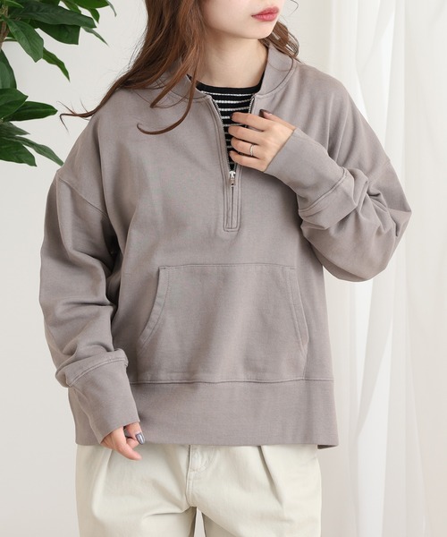 OMNES（オムネス）の「裏毛スウェット ハーフジッププルオーバー（スウェット・レディース・ブラック/チャコール/モカ/ホワイト・FREE）」の4枚目の写真