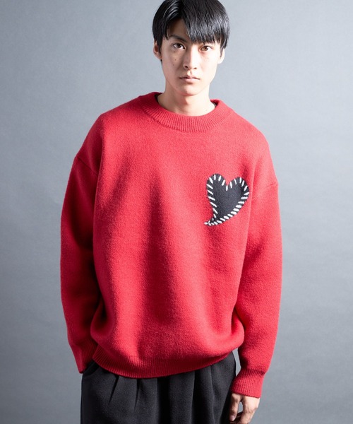 COMMON WARE（コモンウェアー）の「PF:HEART ONE POINT LOOSE FIT KNIT/ハート刺繍ワンポイント ルーズニット（ニット/セーター・メンズ・レッド/ブラック/グレー/ブルー・FREE）」の4枚目の写真