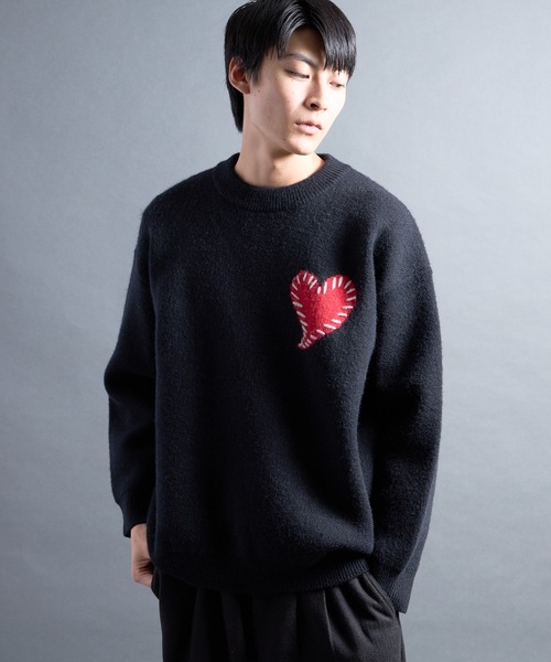 COMMON WARE（コモンウェアー）の「PF:HEART ONE POINT LOOSE FIT KNIT/ハート刺繍ワンポイント ルーズニット（ニット/セーター・メンズ・レッド/ブラック/グレー/ブルー・FREE）」の6枚目の写真