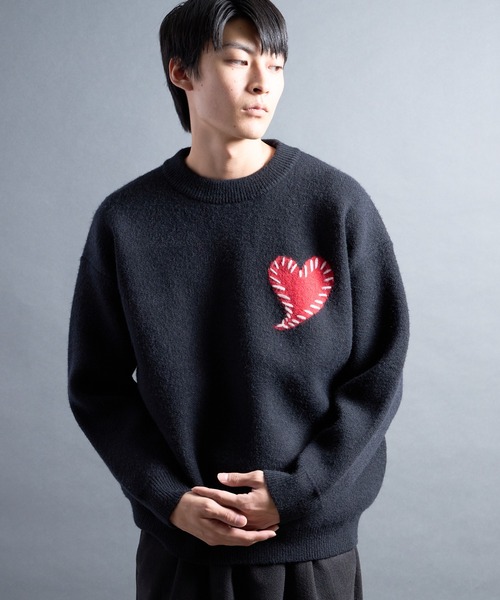 COMMON WARE（コモンウェアー）の「PF:HEART ONE POINT LOOSE FIT KNIT/ハート刺繍ワンポイント ルーズニット（ニット/セーター・メンズ・レッド/ブラック/グレー/ブルー・FREE）」の7枚目の写真