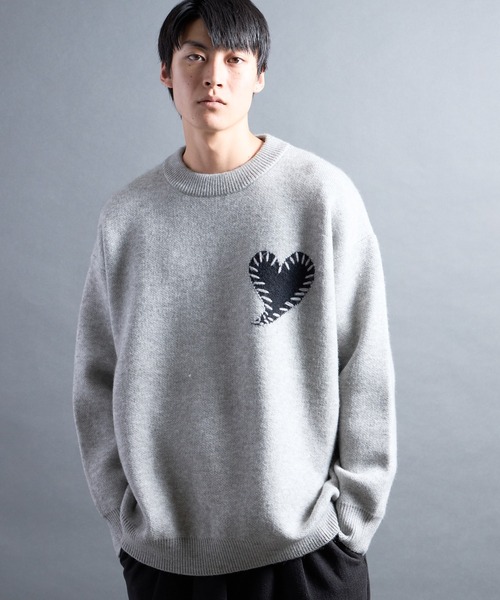 COMMON WARE（コモンウェアー）の「PF:HEART ONE POINT LOOSE FIT KNIT/ハート刺繍ワンポイント ルーズニット（ニット/セーター・メンズ・レッド/ブラック/グレー/ブルー・FREE）」の10枚目の写真