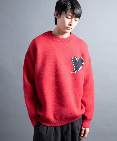 COMMON WARE（コモンウェアー）の「PF:HEART ONE POINT LOOSE FIT KNIT/ハート刺繍ワンポイント ルーズニット（ニット/セーター・メンズ・レッド/ブラック/グレー/ブルー・FREE）」の18枚目の写真