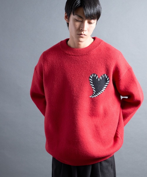COMMON WARE（コモンウェアー）の「PF:HEART ONE POINT LOOSE FIT KNIT/ハート刺繍ワンポイント ルーズニット（ニット/セーター・メンズ・レッド/ブラック/グレー/ブルー・FREE）」の20枚目の写真