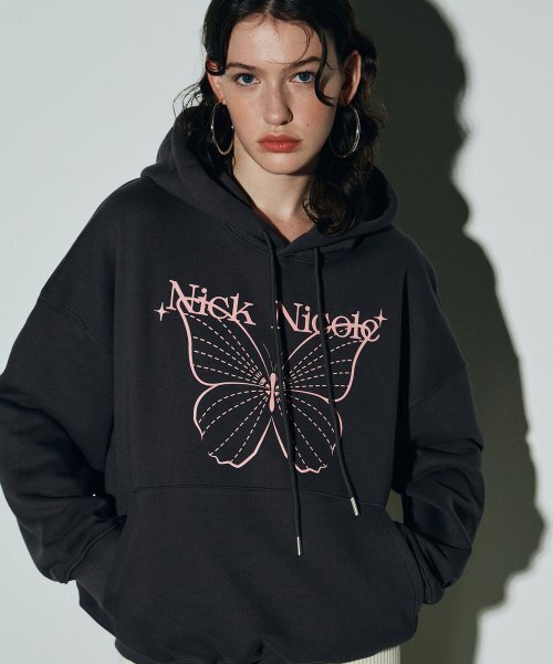 NICK&NICOLE(ニックアンドニコール)の「SHINE BUTTERFLY HOODY SWEATSHIRT_CHARCOAL(パーカー・レディース・その他・FREE)」の1枚目の写真