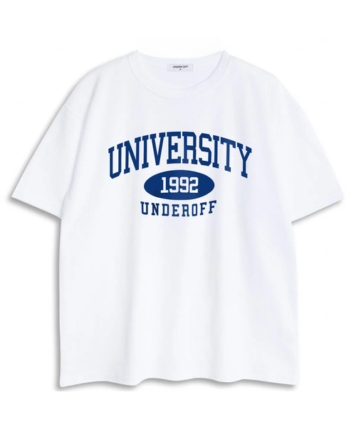 UNDEROFF(アンダーオフ)の「オーバーサイズクルーネックユニバーシティ半袖Tシャツホワイトブルー(Tシャツ/カットソー・レディース・ホワイト・SMALL/MEDIUM/LARGE/X-LARGE)」の1枚目の写真