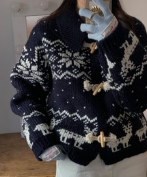 襟付き配色ジャガードニットカーディガン