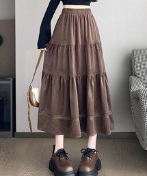 ベロア調 レース ティアード ロング スカート