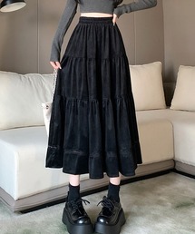 ベロア調 レース ティアード ロング スカート