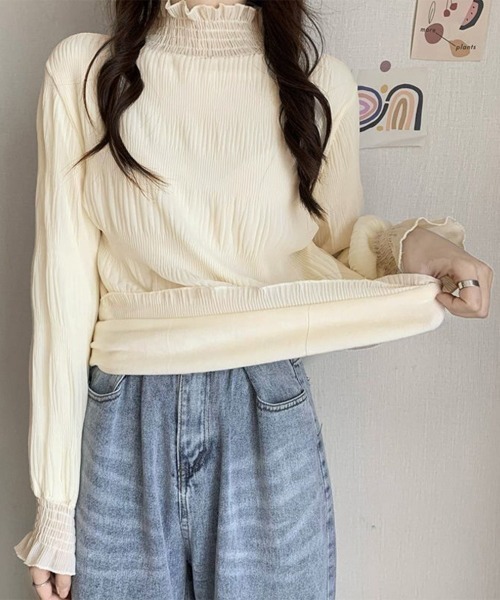 Miniministore(ミニミニストア)の「裏起毛シャーリングブラウス韓国風トップス(シャツ/ブラウス・レディース・ブラック/ベージュ/ホワイト・FREE)」の1枚目の写真