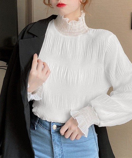 Miniministore(ミニミニストア)の「裏起毛シャーリングブラウス韓国風トップス(シャツ/ブラウス・レディース・ブラック/ベージュ/ホワイト・FREE)」の7枚目の写真