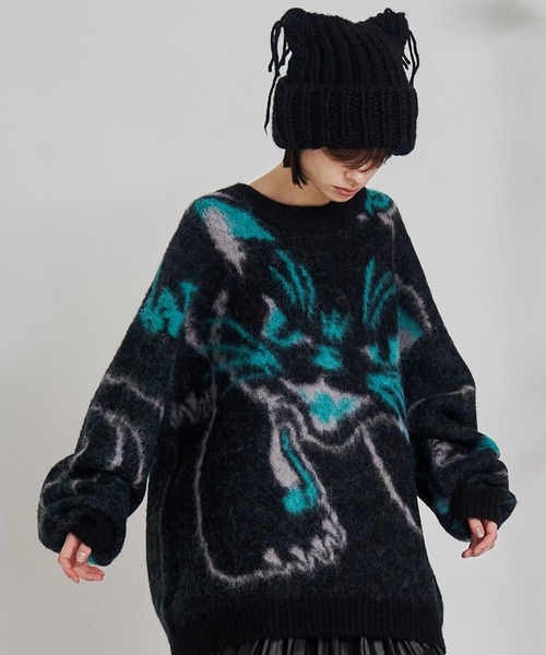 SeeSew(シーソー)の「【UNISEX】NEKOMATA SHAGGY KNIT/ネコマタシャギーニット(ニット/セーター・メンズ・ブラック/グレー・M/L)」の2枚目の写真