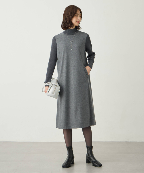 A/C DESIGN BY ALPHA CUBIC（エーシーデザインバイアルファキュービック）の「リブ切り替えハイネックニットワンピース【ポケットあり】（ワンピース・レディース・チャコールグレー/ブラック・M/L）」の3枚目の写真
