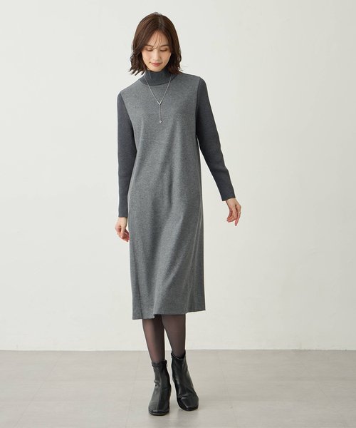 A/C DESIGN BY ALPHA CUBIC（エーシーデザインバイアルファキュービック）の「リブ切り替えハイネックニットワンピース【ポケットあり】（ワンピース・レディース・チャコールグレー/ブラック・M/L）」の4枚目の写真
