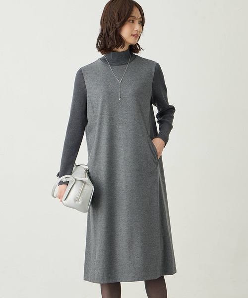 A/C DESIGN BY ALPHA CUBIC（エーシーデザインバイアルファキュービック）の「リブ切り替えハイネックニットワンピース【ポケットあり】（ワンピース・レディース・チャコールグレー/ブラック・M/L）」の2枚目の写真