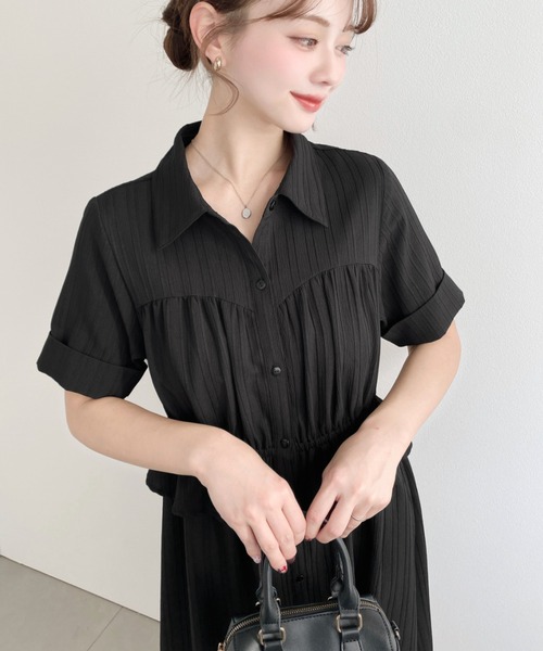 moment+（モーメントプラス）の「ビスチェデザインシャツワンピース（シャツワンピース・レディース・ネイビー/オフホワイト/ブラック・M）」の8枚目の写真