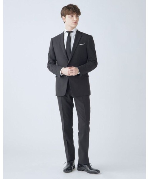 SUIT SELECT(スーツセレクト)の「【おうちで洗えるストレッチスーツ】【すぐ着られるパンツ裾上げ済仕様】【年間】【フォーマル対応可】【KSW】2釦シングルスーツ 0タック/ブラック×ソリッド/ウエストムーブ/「4S」(スーツセット・メンズ・ブラック・AB6/AB5/AB4/A6/A5/A4/Y6/Y5/Y4)」の1枚目の写真