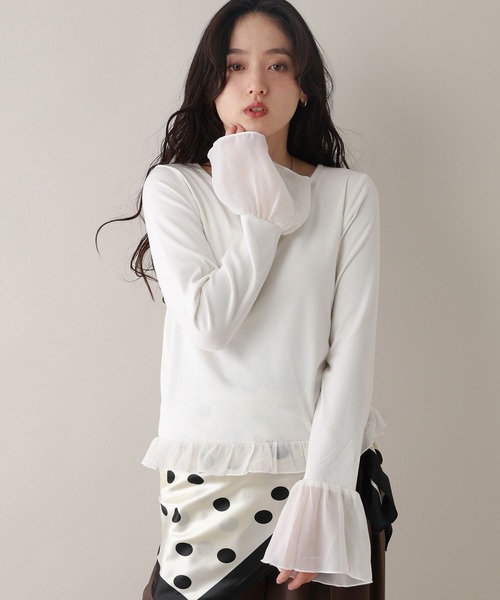 RAGEBLUE(レイジブルー)の「袖チュールレイヤードリブロンT(Tシャツ/カットソー・レディース・ホワイト/グレー・FREE)」の2枚目の写真