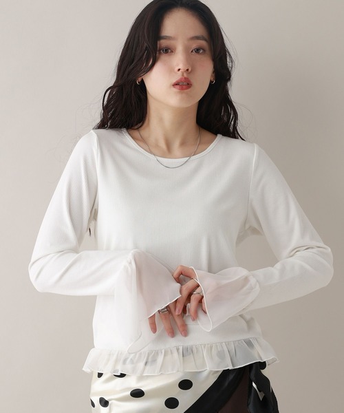 RAGEBLUE(レイジブルー)の「袖チュールレイヤードリブロンT(Tシャツ/カットソー・レディース・ホワイト/グレー・FREE)」の3枚目の写真