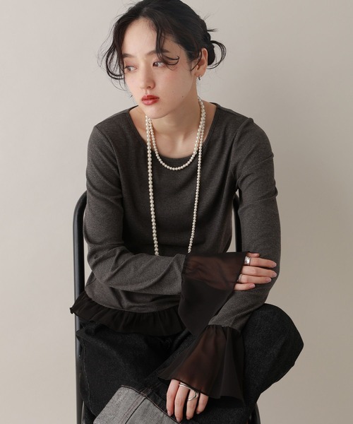 RAGEBLUE(レイジブルー)の「袖チュールレイヤードリブロンT(Tシャツ/カットソー・レディース・ホワイト/グレー・FREE)」の14枚目の写真