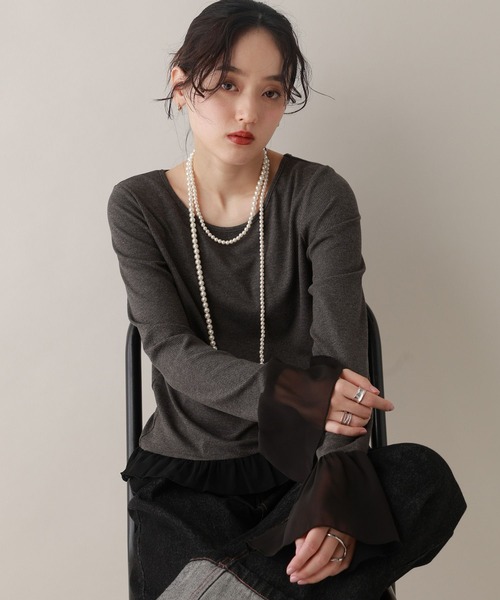 RAGEBLUE(レイジブルー)の「袖チュールレイヤードリブロンT(Tシャツ/カットソー・レディース・ホワイト/グレー・FREE)」の15枚目の写真