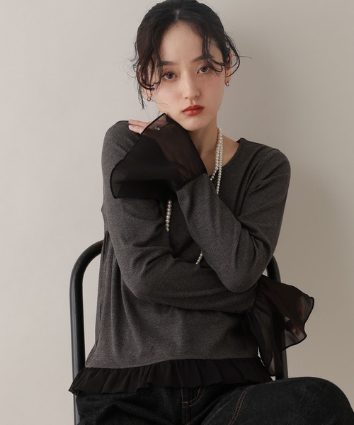 RAGEBLUE(レイジブルー)の「袖チュールレイヤードリブロンT(Tシャツ/カットソー・レディース・ホワイト/グレー・FREE)」の16枚目の写真