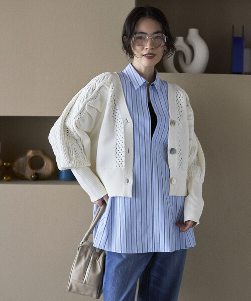 Firsthand（ファーストハンド）の「Firsthand/ファーストハンド バリエーション釦 ボリュームスリーブ ケーブル ニット カーディガン（カーディガン/ボレロ・レディース・ホワイト/ブラック/ネイビー/レッド・FREE）」の6枚目の写真