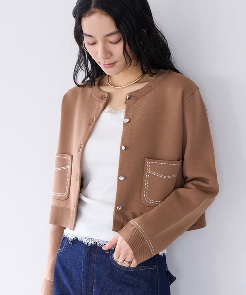 VIS(ビス)の「ステッチワークニットジャケット(カーディガン/ボレロ・レディース・ネイビー/キャメル/オフホワイト・FREE)」の3枚目の写真