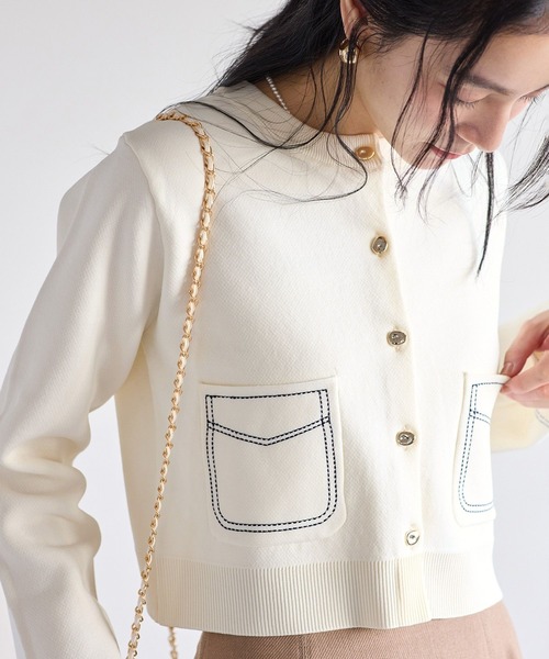 VIS(ビス)の「ステッチワークニットジャケット(カーディガン/ボレロ・レディース・ネイビー/キャメル/オフホワイト・FREE)」の1枚目の写真