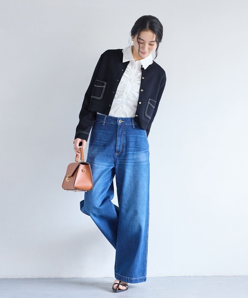 VIS(ビス)の「ステッチワークニットジャケット(カーディガン/ボレロ・レディース・ネイビー/キャメル/オフホワイト・FREE)」の6枚目の写真