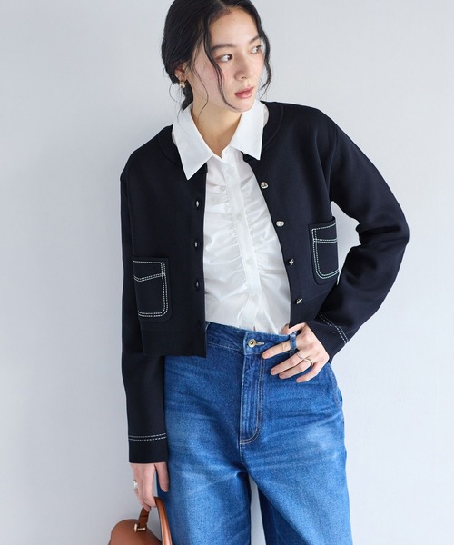 VIS(ビス)の「ステッチワークニットジャケット(カーディガン/ボレロ・レディース・ネイビー/キャメル/オフホワイト・FREE)」の5枚目の写真