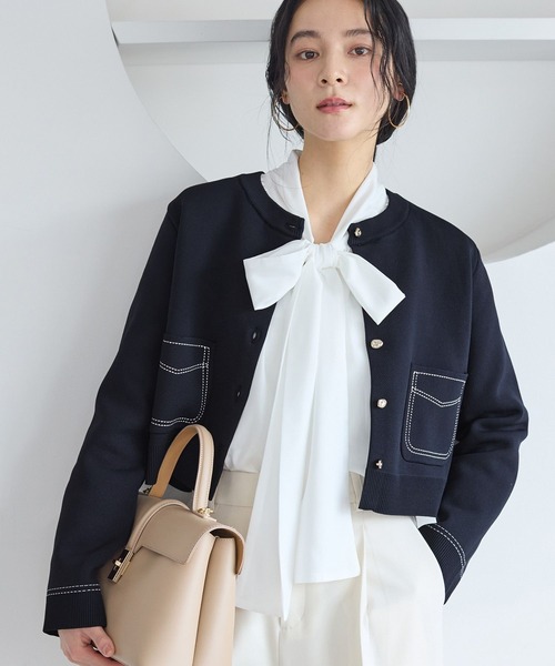 VIS(ビス)の「ステッチワークニットジャケット(カーディガン/ボレロ・レディース・ネイビー/キャメル/オフホワイト・FREE)」の7枚目の写真