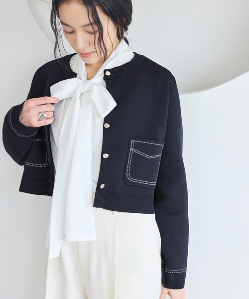 VIS(ビス)の「ステッチワークニットジャケット(カーディガン/ボレロ・レディース・ネイビー/キャメル/オフホワイト・FREE)」の8枚目の写真