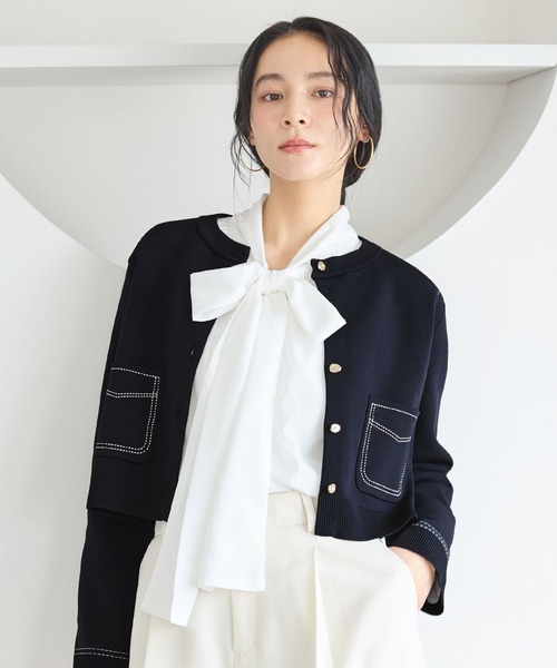 VIS(ビス)の「ステッチワークニットジャケット(カーディガン/ボレロ・レディース・ネイビー/キャメル/オフホワイト・FREE)」の9枚目の写真
