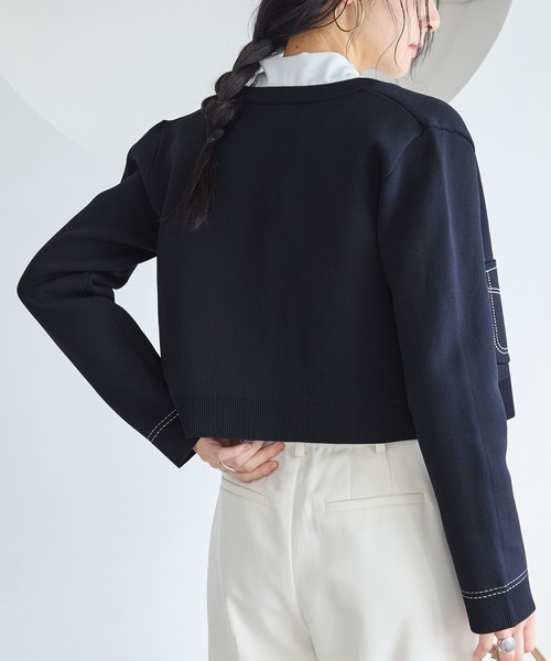 VIS(ビス)の「ステッチワークニットジャケット(カーディガン/ボレロ・レディース・ネイビー/キャメル/オフホワイト・FREE)」の10枚目の写真