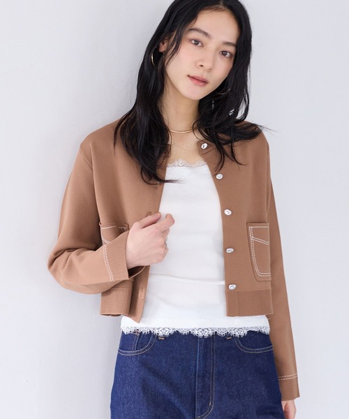 VIS(ビス)の「ステッチワークニットジャケット(カーディガン/ボレロ・レディース・ネイビー/キャメル/オフホワイト・FREE)」の12枚目の写真