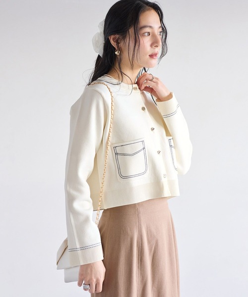 VIS(ビス)の「ステッチワークニットジャケット(カーディガン/ボレロ・レディース・ネイビー/キャメル/オフホワイト・FREE)」の17枚目の写真