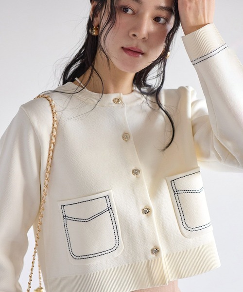 VIS(ビス)の「ステッチワークニットジャケット(カーディガン/ボレロ・レディース・ネイビー/キャメル/オフホワイト・FREE)」の16枚目の写真