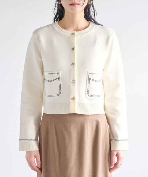 VIS(ビス)の「ステッチワークニットジャケット(カーディガン/ボレロ・レディース・ネイビー/キャメル/オフホワイト・FREE)」の21枚目の写真