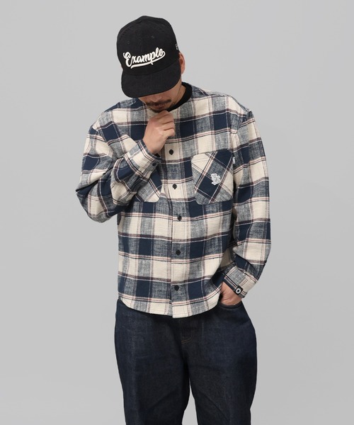 EXAMPLE（エグザンプル）の「EXAMPLE FLANNEL NO-COLLAR L/S SHIRT（シャツ/ブラウス・メンズ・ネイビー/ブラック・XL/L/M）」の2枚目の写真