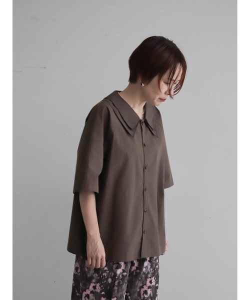 FIL DE FER（フィルデフェール）の「【予約】アイスコットンブロード　ダブルカラーブラウス（シャツ/ブラウス・レディース・ブラウン/ネイビー・FREE）」の4枚目の写真