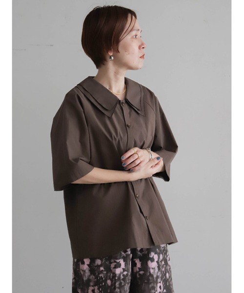 FIL DE FER（フィルデフェール）の「【予約】アイスコットンブロード　ダブルカラーブラウス（シャツ/ブラウス・レディース・ブラウン/ネイビー・FREE）」の6枚目の写真